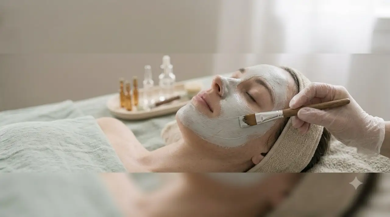 Tratamiento para acné: aplicación de mascarilla facial con pincel.