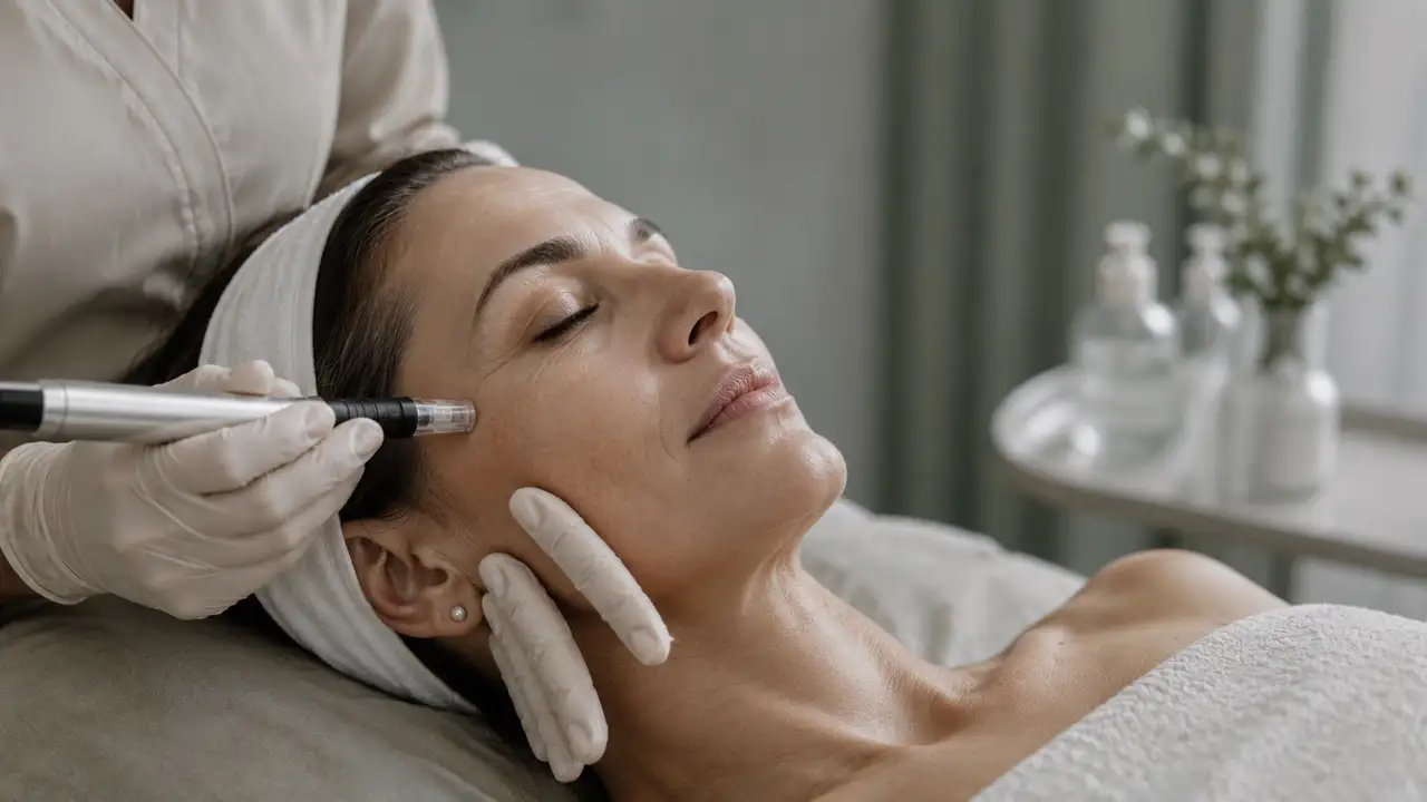 Tratamiento anti-edad: pase de dermapen sobre la mejilla.