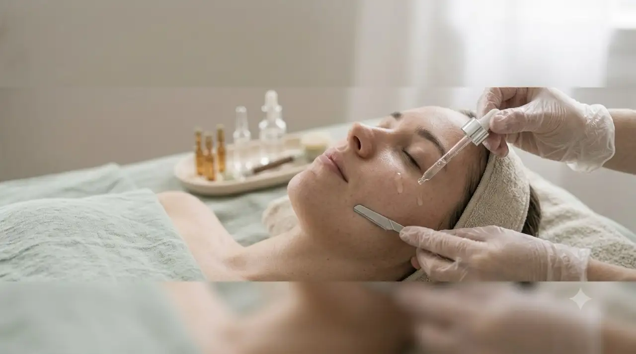 Tratamiento de luminosidad: aplicación de sérum con gotero y dermaplaning.