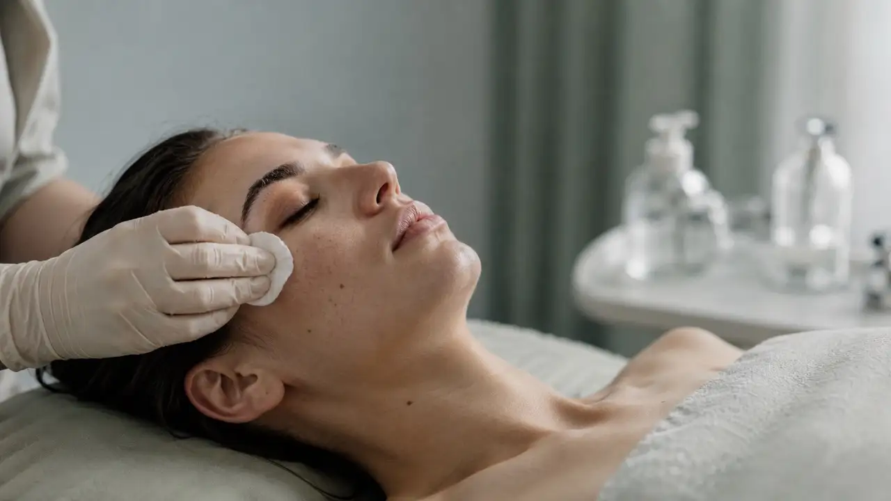 Limpieza facial en cabina: aplicación de un algodón sobre el rostro con guantes.